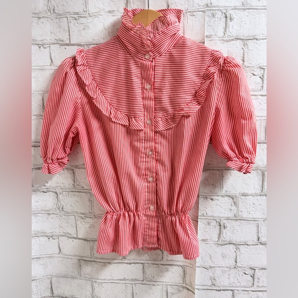 Vintage RARE Candy Striped Red Ruffle-Trim Button-Front Blouse 70’s-80’s - Picture 1 of 7